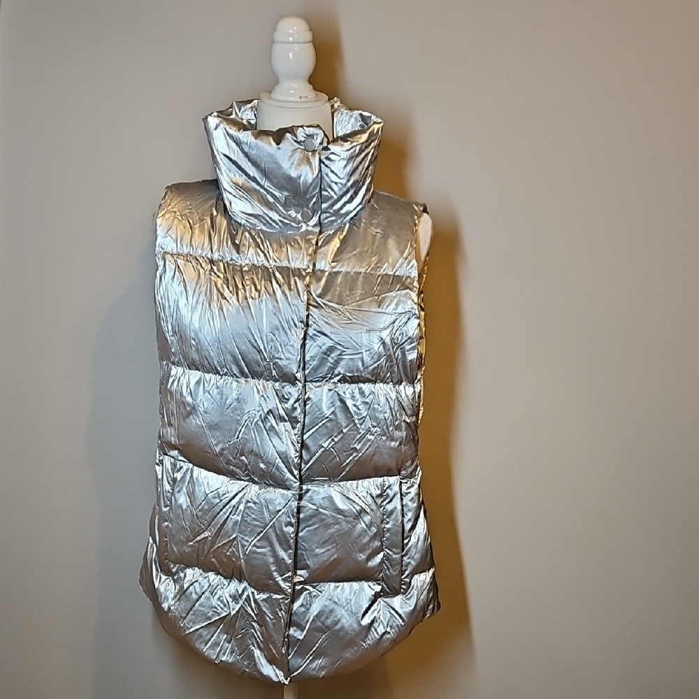 Athleta Downtown Futuristic Metallic Silver Shine Women's Down Puffer Vest Large